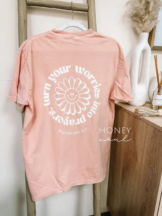 Original Turn Your Worries Into Prayers Graphic Summer Tee - Peachy