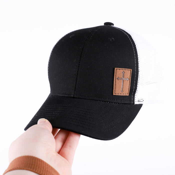 Trucker Hat with Cross Patch - Black & White