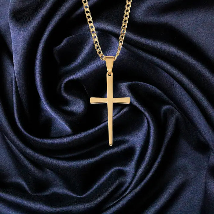 Slim Box Cross Gold Plated Stainless Steel Necklace 24"