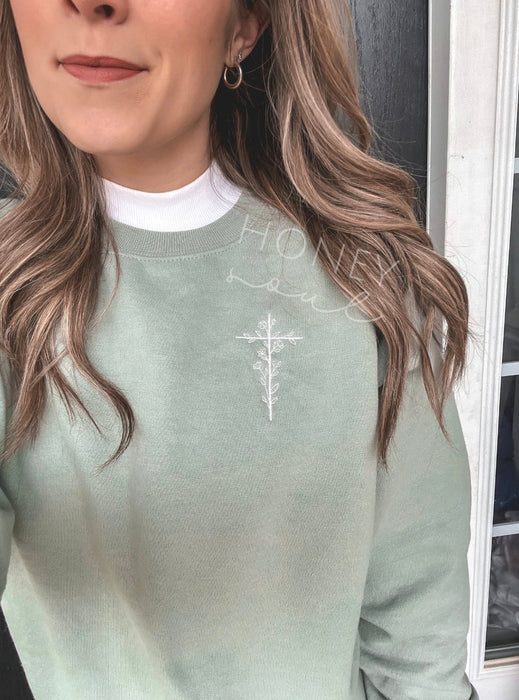 Embroidered Floral Cross Sweatshirt Stonewash Green