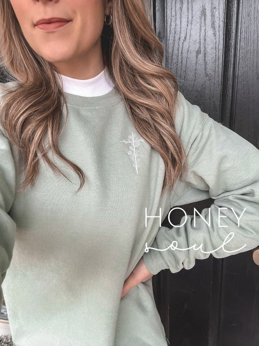 Embroidered Floral Cross Sweatshirt Stonewash Green