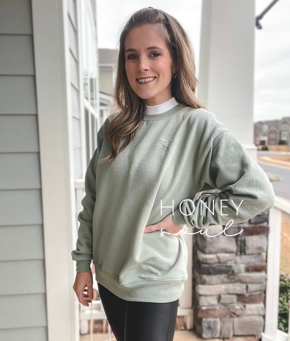 Embroidered Floral Cross Sweatshirt Stonewash Green