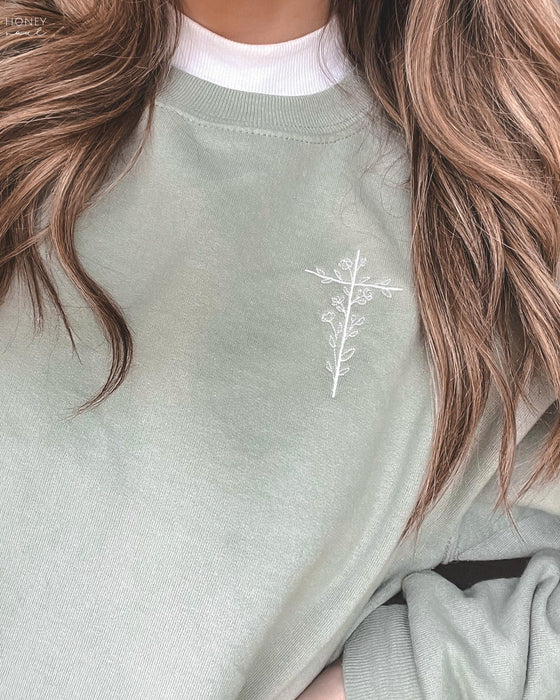 Embroidered Floral Cross Sweatshirt Stonewash Green