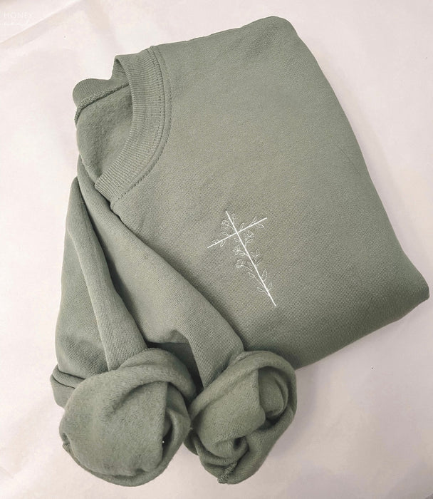 Embroidered Floral Cross Sweatshirt Stonewash Green