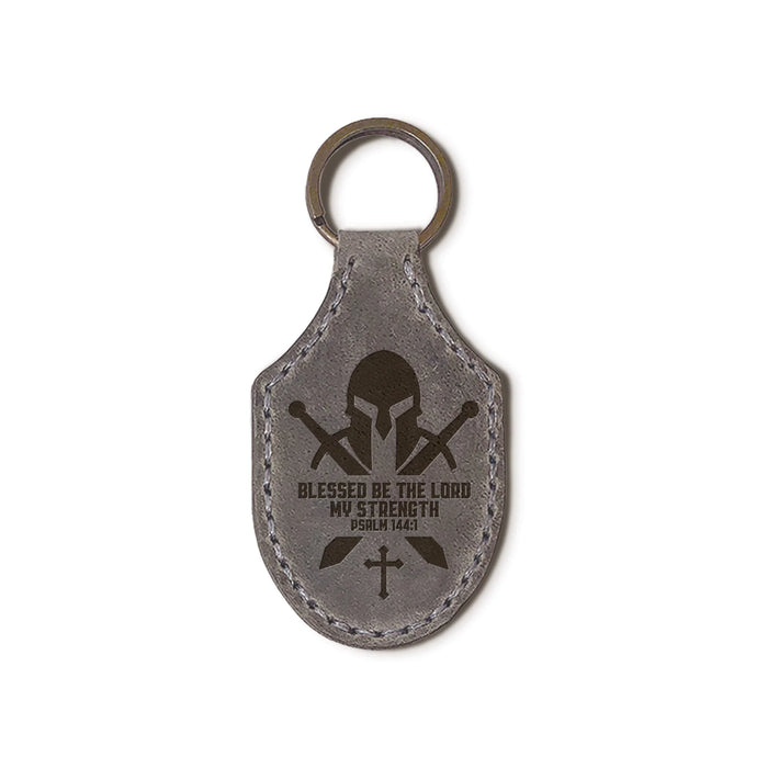 Engraved Leather Keychain The Lord my strength - Psalm 144:1 - Gray