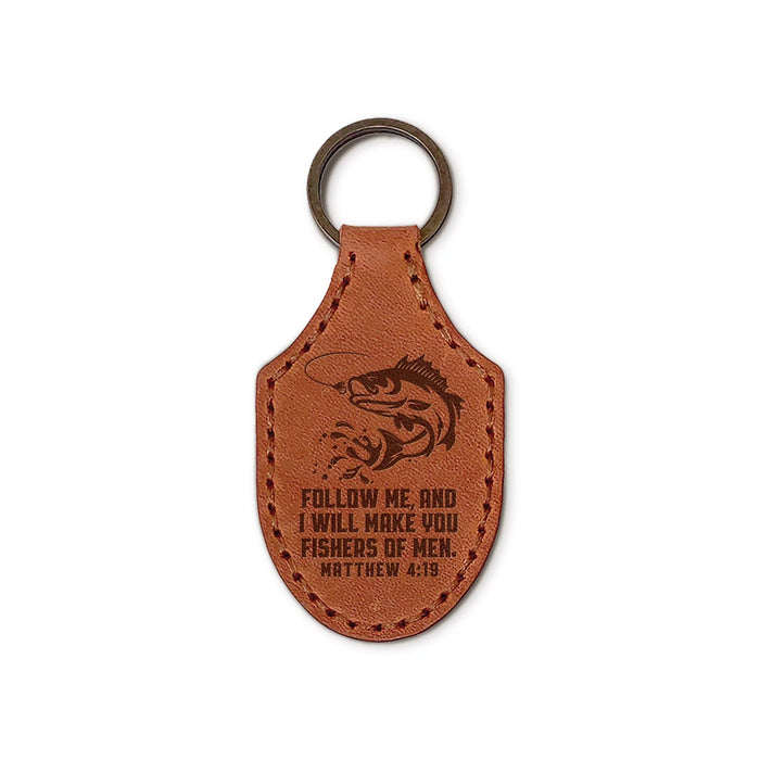 Engraved Leather Keychain Fishers of Men - Matthew 4:19 - Brown