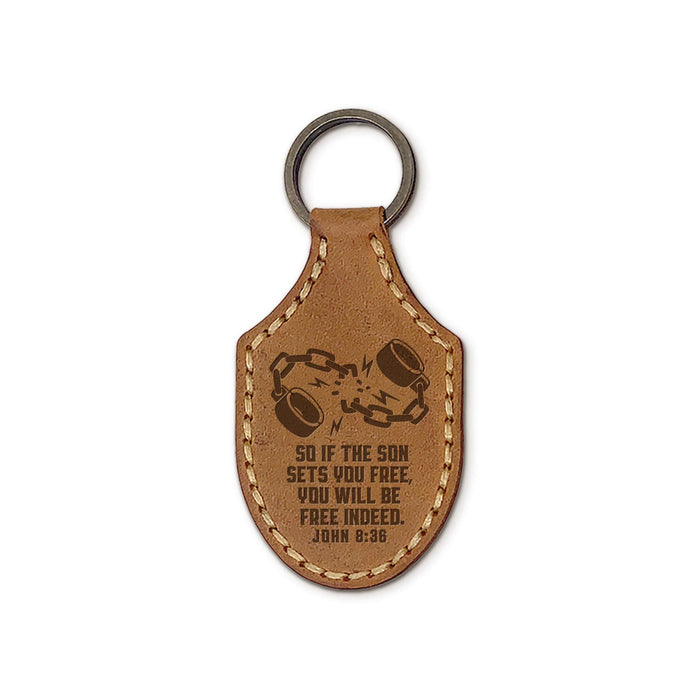 Engraved Leather Keychain Free Indeed - John 8:36 - Tan