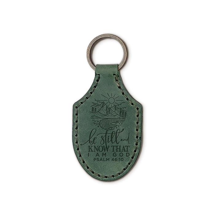 Engraved Leather Keychain Be Still and Know - Psalm 46:10 - Green