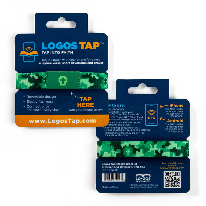 Logos Tap Stretch Bracelet - Lt Green and Dk Green - Crosses, Phil 4:13