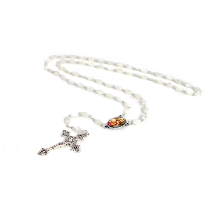 Mother of Pearl Catholic Rosary, Jesus Sacred Heart (Red) Medal