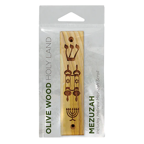 Olive Wood Mezuzah - Shema, Torah Scroll, Menorah