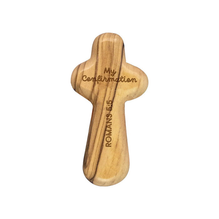 Laser Engraved Olive Wood Comfort Cross, Confirmed in Christ, Romans 5:5