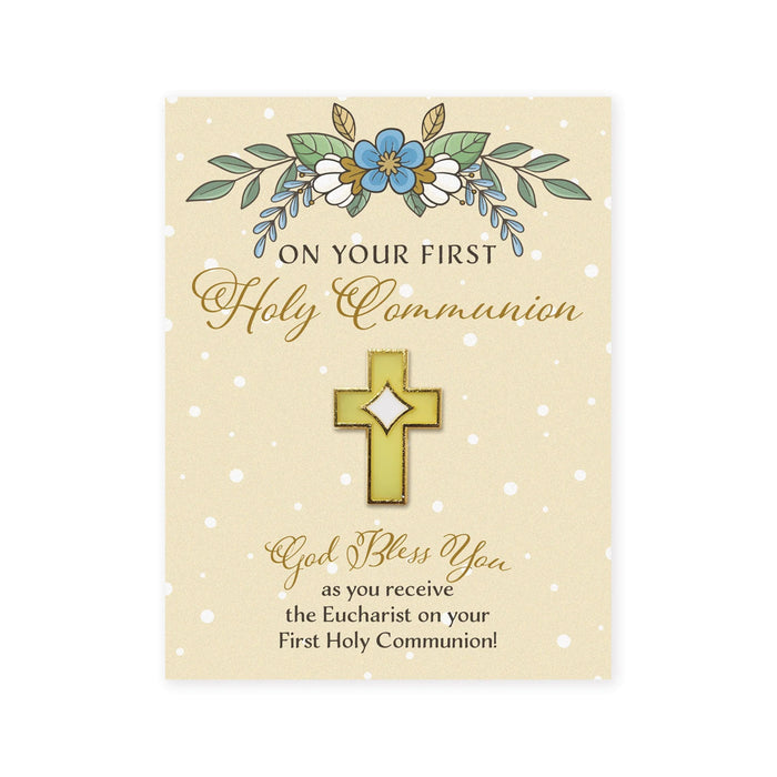 Metal Pin on Card, Cross – Gold with White and Yellow Enamel