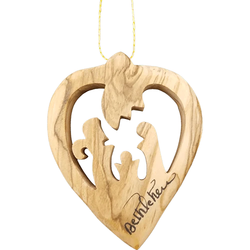 Olive Wood Bethlehem Heart Nativity 3" Ornament