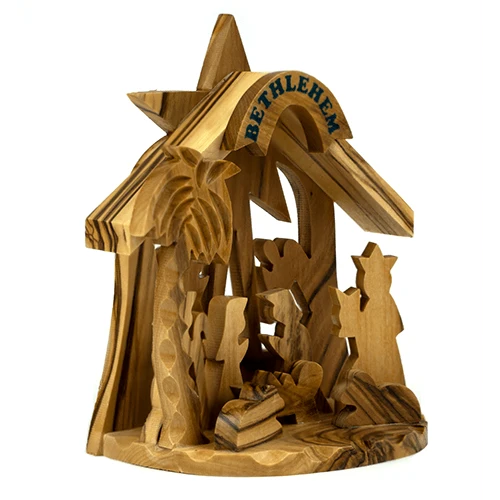 Olive Wood 3D Nativity Scene Grotto Ornament - Large