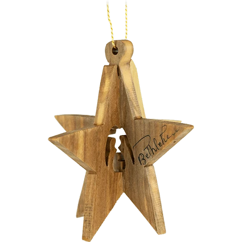 Holy Family & Bethlehem Star, 3D Olive Wood Christmas Ornament