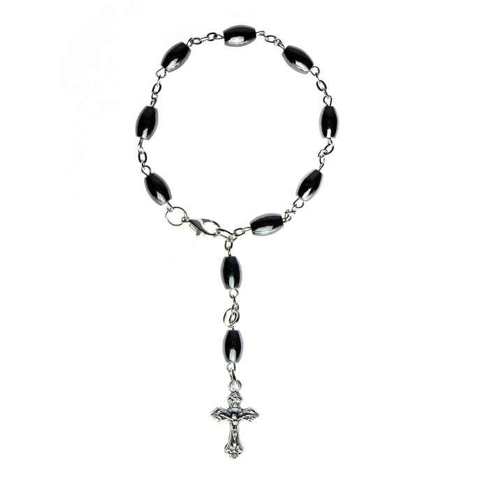 One Decade Hematite Catholic Rosary Charm Bracelet with Crucifix Cross Pendant Charm