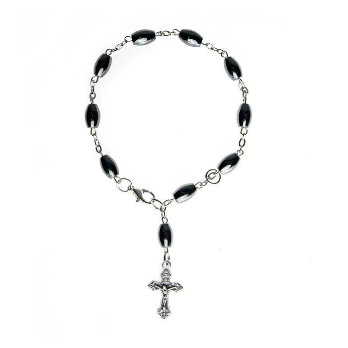 One Decade Hematite Catholic Rosary Charm Bracelet with Crucifix Cross Pendant Charm