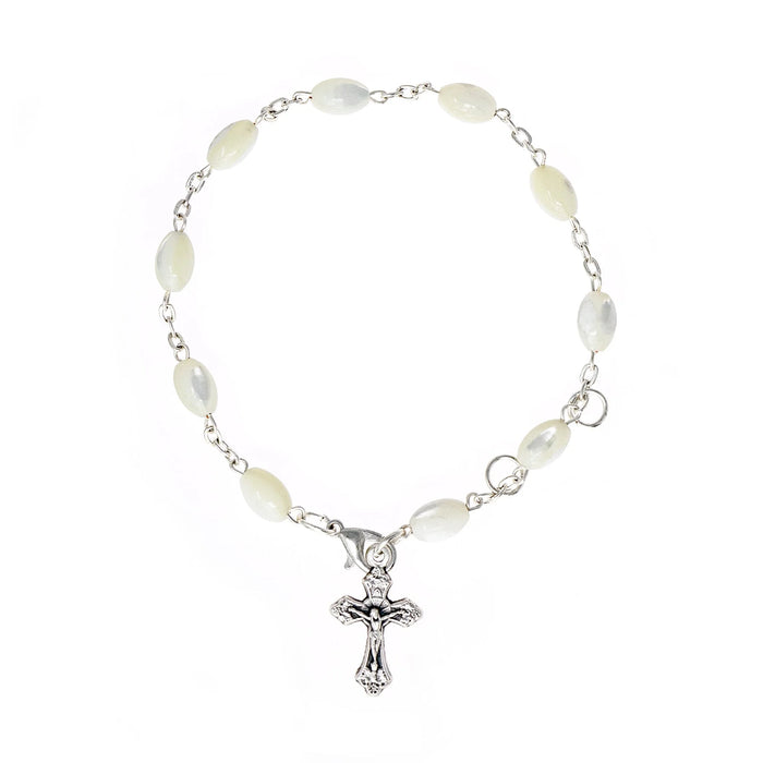 Mother of Pearl One Decade Catholic Rosary Charm Bracelet with Crucifix Cross Pendant Charm