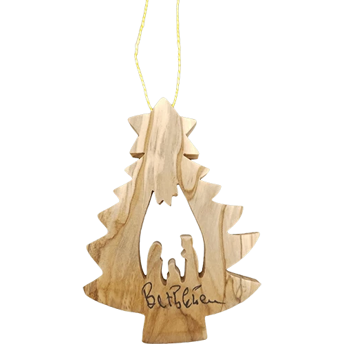 Olive Wood Bethlehem Pine Tree Nativity 3" Ornament