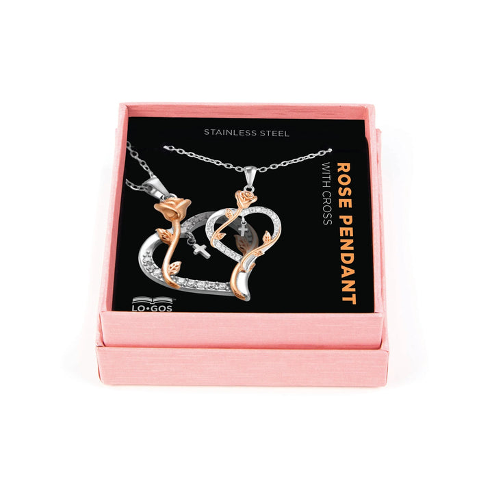 Heart Pendant with CZ Accents and Rose – Cross