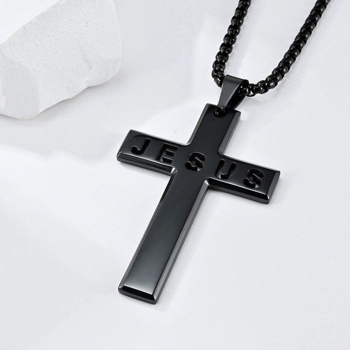 Jesus Cross with 24 in Stainless Steel Chain – Black Color