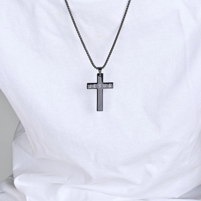 Jesus Cross with 24 in Stainless Steel Chain – Black Color